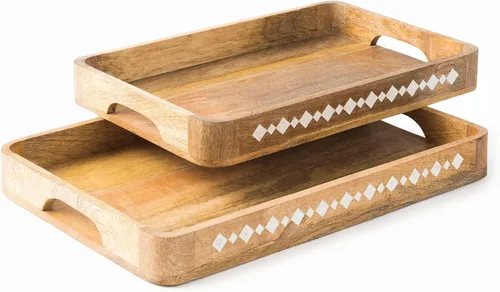 Miniatura 9 de Mela Artisans Bandeja de madera para servir con asas, 15 x 10 x 1.75 pulgadas, bandeja decorativa de madera de mango, bandeja otomana, aperitivos