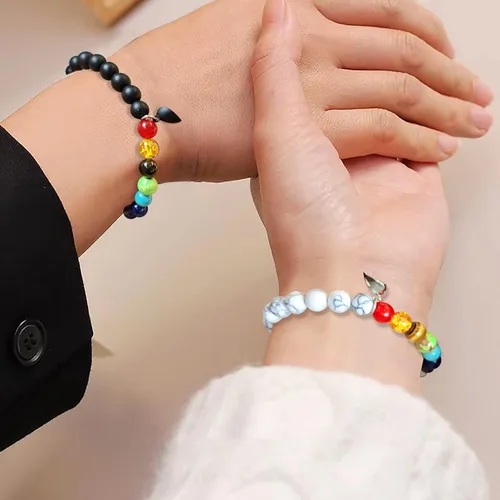 Miniatura 77 de 2 pulseras magnéticas para parejas, piedra natural negra mate, cristal para votos de amor eterno, juego de pulseras de cuentas de piedra de energía