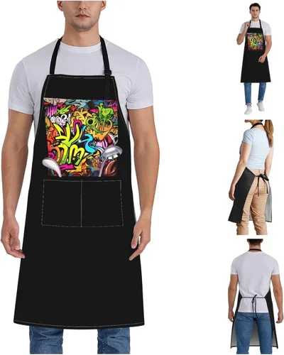 Miniatura 7 de Graffiti Drawing Aprons for Women with 2 Pockets, Kitchen Cooking Apron for Men, Water and Oil Resistant, Adjustable Bib Apron Extra Long Work
