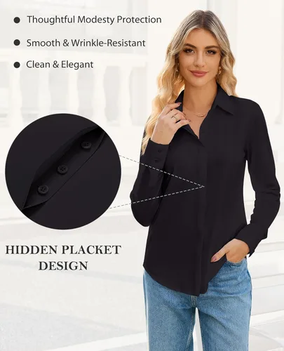 Miniatura 4 de siliteelon Womens Button Down Shirt Stretch Dress Shirt Collared Long Sleeve Hidden-Button Work Shirt Wrinkle-Free Blouse