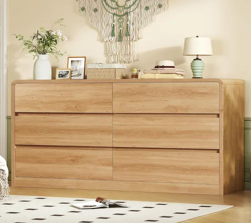 TEENFON 55" Dresser for Bedroom with 6 Drawers, Dressers & Chests of Drawers with Curved Profile Design, 6 Drawer Dresser, Bedroom Dressers, Wood