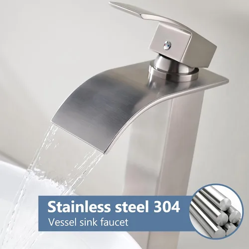 Miniatura 7 de Grifo de lavabo alto de níquel cepillado con boquilla de cascada, grifo alto de baño de una sola manija, sobre mostrador, grifo de lavabo de tocador