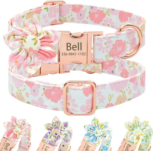 Miniatura 16 de Collar de perro con bonito lazo personalizado con nombre, collar floral personalizado con hebilla dorada grabada para perras pequeñas, medianas