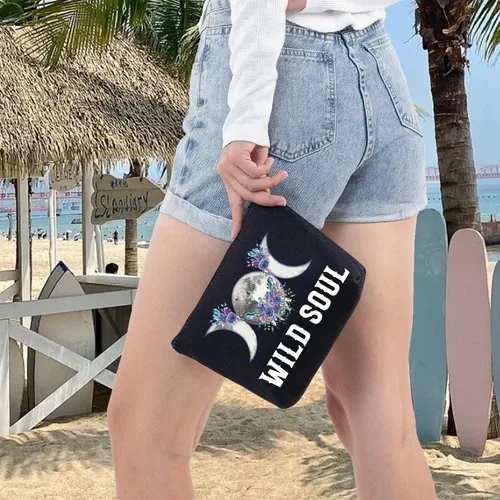 Miniatura 7 de LEVLO Bolsa de maquillaje cosmética de fase lunar, regalo de bruja luna, bolsa de maquillaje con cremallera para mujeres y niñas, Alma salvaje