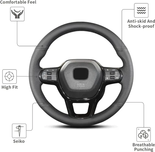 Miniatura 3 de Funda para volante con costuras a mano, apta para Honda Civic 2022/Civic Sedan Si 2022/CR-V HR-V Civic Type R 2023, funda de cuero de microfibra