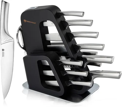 Miniatura 8 de KINGSTONE Juego de cuchillos de cocina con bloque, juego de 14 cuchillos de acero inoxidable alemán con afilador integrado, juego de bloques de Nogal