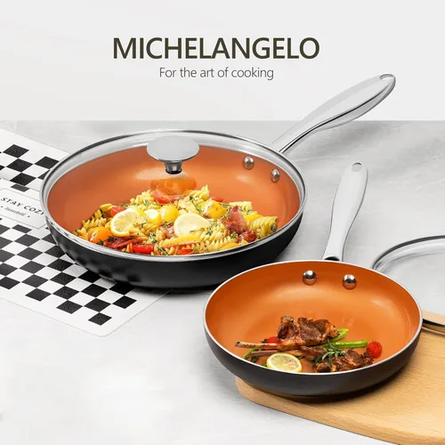 Miniatura 6 de MICHELANGELO Sartén de 12 pulgadas con tapa, sartén de cobre antiadherente, sartén de cerámica antiadherente con tapa, sartén grande de cobre Naranja