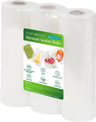 L'ELEF MISTICO Bolsas Selladoras al Vacío para Alimentos, 8''X20' (3 Rollos) Bolsas para Conservar Alimentos Sin BPA para Selladora, Bolsas de