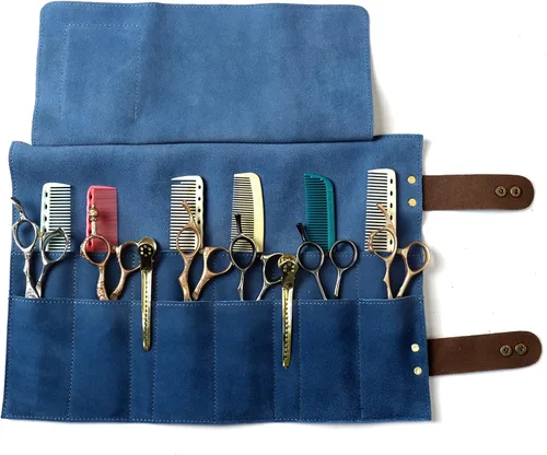 Miniatura 2 de Bolsa de tijeras de salón enrollable, 12 bolsillos de cuero genuino para estilista, soporte para tijeras de peluquería para peluquería Hj-ZP011-negro