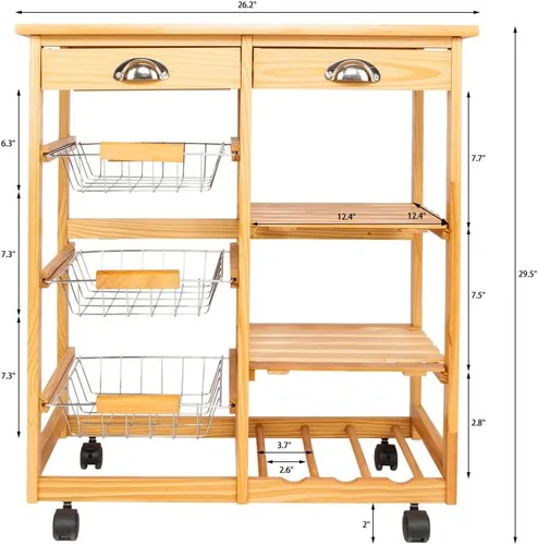 Miniatura 3 de Carrito de cocina de madera rodante de 3 niveles, carrito utilitario de almacenamiento sobre ruedas con cajones Shleves y estante para vino