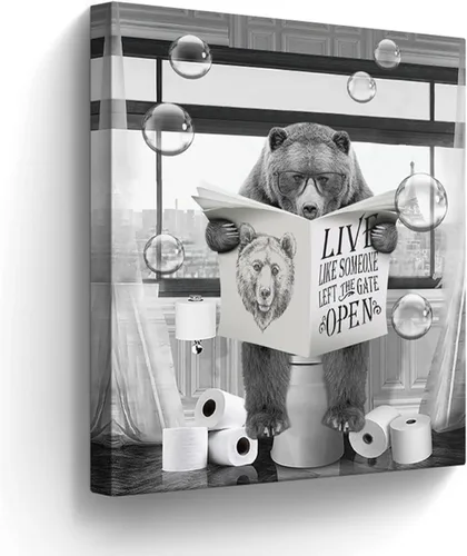 Miniatura 14 de Lienzo decorativo de osos divertidos para pared, cuadros en blanco y negro, decoración de pared de baño, oso sentado en el inodoro, lectura