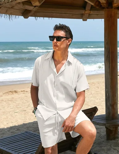 Miniatura 2 de COOFANDY Conjunto de 2 piezas de lino para hombre camisa con botones y pantalones cortos