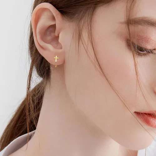 Miniatura 2 de Aretes de aro de medio aro de 14 quilates de oro macizo, aretes de aro Huggie para mujeres y niñas