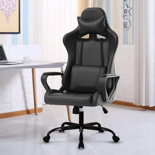 Silla moderna para videojuegos, ergonómica con respaldo alto, silla de oficina de piel sintética con soporte lumbar, color negro