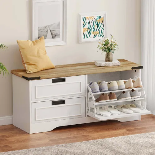 Miniatura 12 de FATORRI Banco con almacenamiento para zapatos para entrada, bancos de madera con puerta abatible y cajones, gabinete organizador de zapatos