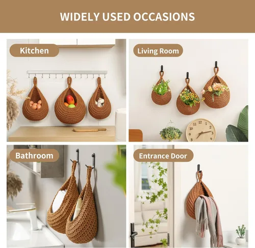 Miniatura 6 de Cestas de frutas bohemias para colgar en la pared para cocina, paquete de 3 soportes tejidos con 6 ganchos fuertes, cesta colgante de verduras