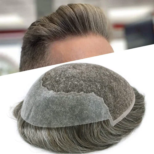 Miniatura 13 de Toupee para hombres, sistema de reemplazo de cabello humano Remy, nudos blanqueados, encaje frontal, piel fina, para hombre, color gris, pelucas