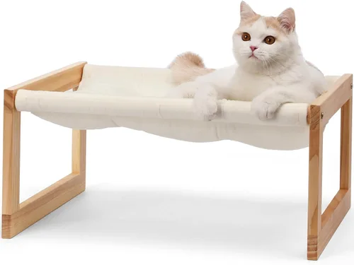 FUKUMARU Hamaca Cama para Gatos, Cómodo Sofá de Terciopelo para Gatos de Interior, Percha de Madera Elevada para Gatos, Sofá para Mascotas de 21