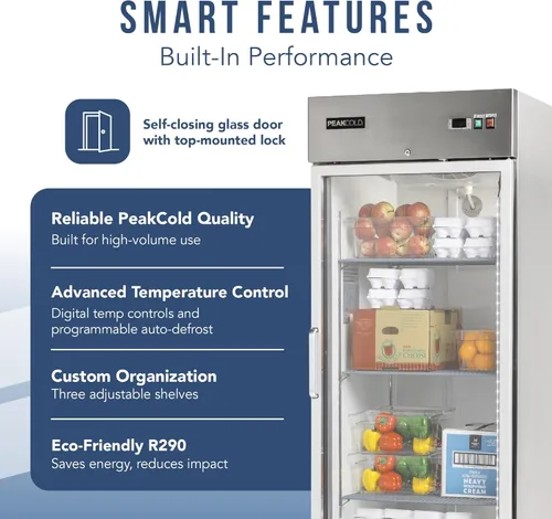Miniatura 4 de PEAKCOLD Refrigerador comercial de una sola puerta de vidrio, 23 pies cúbicos, 29 "W Acero inoxidable Reach-In Vertical Refrigerador, Estantes