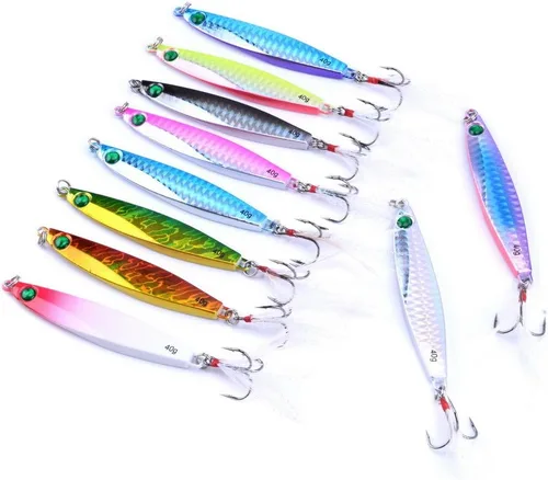 Aorace 10 piezas de metal duro jigs buceo pesca mar señuelos minnow Popper cebos aparejos Crankbait agua salada señuelos de agua dulce con pluma