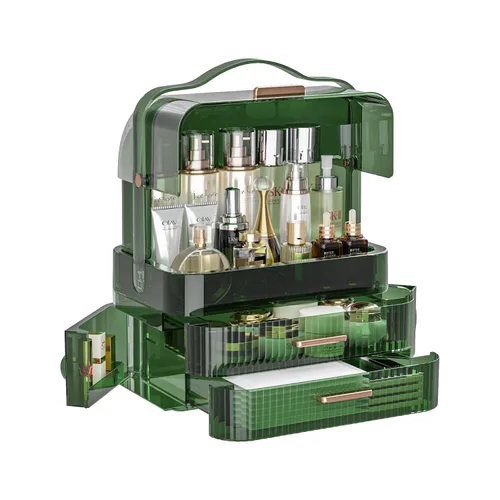 LINFIDITE Caja de almacenamiento de cosméticos con tapa transparente, organizador de maquillaje grande, caja con cajones, mango portátil,