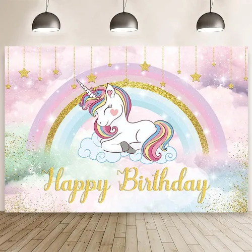 MEHOFOND Telón de fondo de unicornio de 7 x 5 pies para niñas, cumpleaños, arco iris, caricatura, unicornio, fotografía, fondo de princesa, cielo