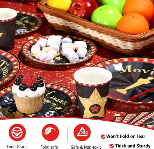 Miniatura 4 de Tiamon 171 piezas de suministros para fiesta nocturna de cine, incluye mantel de cine que se muestra ahora en pancarta, platos temáticos