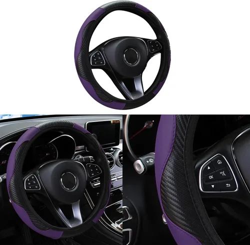 Funda para volante de automóvil, microfibra de fibra de carbono de 15 pulgadas, protector de volante elástico para hombres y mujeres, Púrpura