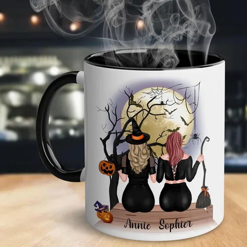 Miniatura 3 de WHIDOBE Taza de café personalizada de Halloween (2 brujas), taza de café personalizada de 11 o 15 onzas para mujeres, hermana, mejor amiga, taza