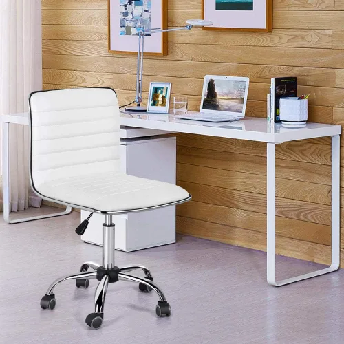 Miniatura 8 de Yaheetech Silla de trabajo ajustable de piel sintética con respaldo bajo acanalado sin brazos giratoria blanca silla de escritorio silla de oficina