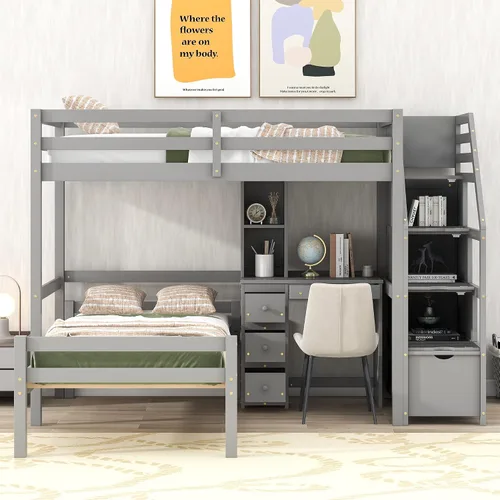Miniatura 13 de Cama tipo loft gris de tamaño individual con escalera y escritorio en forma de L, cama alta de madera con estantes y cajones de almacenamiento