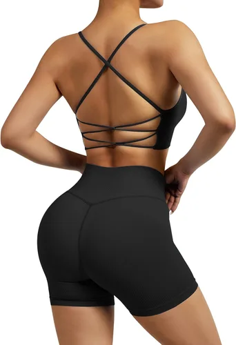 Miniatura 6 de RXRXCOCO Conjuntos de entrenamiento para mujer, 2 piezas, conjuntos de yoga acanalados, sin costuras, cintura alta, pantalones cortos con brasier
