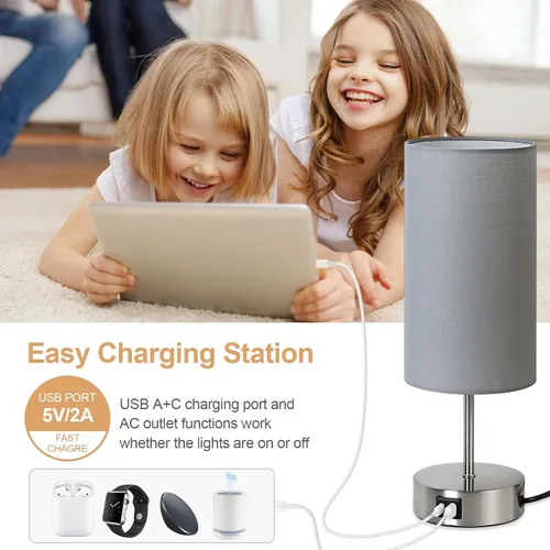 Miniatura 5 de Yarra-Decor Lámpara de noche mejorada con puertos de carga USB A+C y salida de CA, lámpara de mesa de control táctil para dormitorio, lámpara de Gris