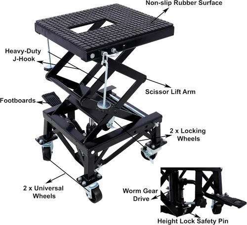 Miniatura 6 de Gato hidráulico de tijera para motocicleta de 300 libras, escalón de pie con 4 ruedas para motocicletas de cross pequeñas, soporte de gato