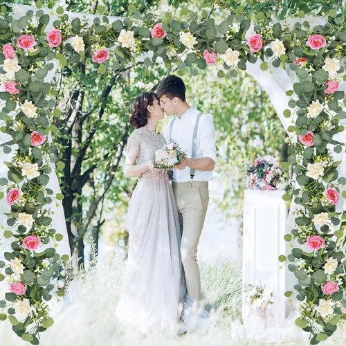 Miniatura 68 de TOCHGREEN Paquete de 2 Guirnaldas de Flores de Eucalipto Artificial de 12 Pies con Rosas Champán, Guirnalda de Flores de Rosa Falsa Verdor