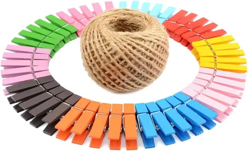 Miniatura 8 de COOLAKE Alfileres de madera de 1.38 pulgadas, paquete de 100 mini clips de papel fotográfico con cordel de yute de 100 pies para fotos, cuerdas