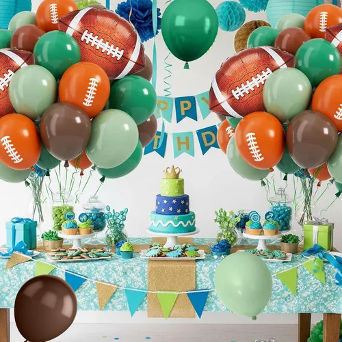 Miniatura 6 de Globos de fútbol, globo de látex marrón salvia de 12 pulgadas con globos de papel de aluminio impresos de fútbol, decoraciones de fiesta de fútbol