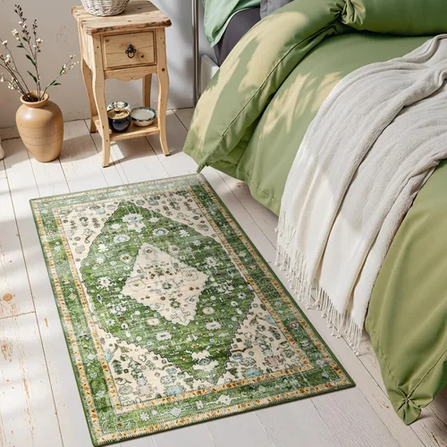 Miniatura 7 de Lahome Alfombra tribal bohemia de 2 x 3 pies, alfombra verde pequeña para entrada, suave, antideslizante, lavable, alfombra de baño bohemia de pelo