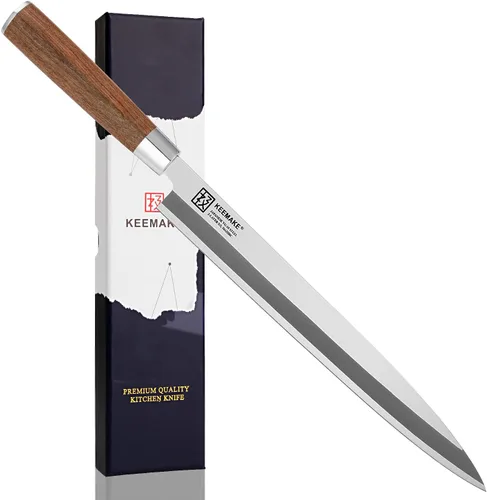 KEEMAKE Cuchillo de sushi japonés – Cuchillo Sashimi japonés VG10 de acero inoxidable hoja biselada simple, mango de palisandro perfecto Yanagiba y
