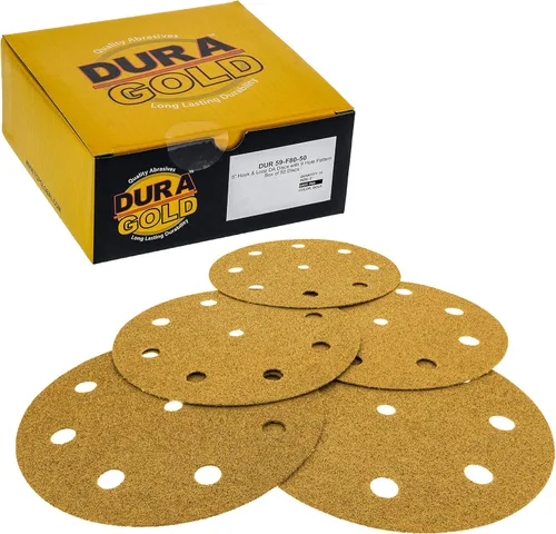 Miniatura 13 de Dura-Gold Discos de lijado dorados de 5 pulgadas de alta calidad, grano 320 (caja de 50), papel de lija de 9 agujeros sin polvo con gancho y bucle