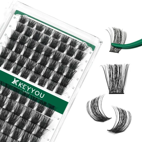 Miniatura 44 de KEYYOU Racimos de pestañas, 96 piezas de extensiones de pestañas DIY, rizado D de 16 mm, negro, realista, no irritante, fácil de colocar en casa
