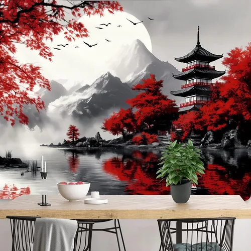 Miniatura 7 de Yookeb Tapiz Japonés de Montaña en Negro y Rojo 51 x 51 Pulgadas para Colgar en la Pared, Decoración de Anime de Asia, Paisaje de Bosque