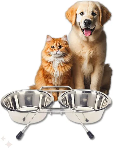 Miniatura 3 de Cuencos para mascotas para perros y gatos, con 2 cuencos, base de soporte de hierro, soporte de doble tazón, dos de acero extraíbles (7 onzas)