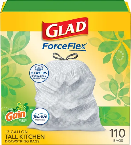 Glad ForceFlex - Bolsas de basura altas para cocina, 13 galones, ganancia original con Febreze, 110 unidades (el paquete puede variar)