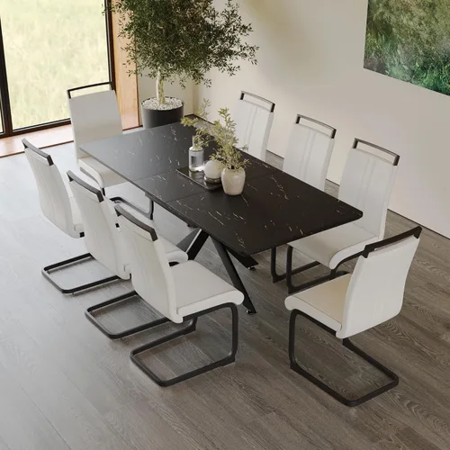 Miniatura 6 de Mesa de comedor de mármol para 4-8, mesa de comedor extensible de 62.4 a 78.15 pulgadas, mesa de cocina moderna, mesa rectangular que ahorra espacio