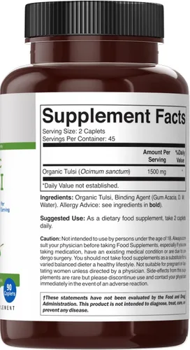 Miniatura 4 de Brieofood Tulsi Orgánico (albahaca sagrada) 1500 mg, 45 porciones, vegetariano, sin gluten, 90 tabletas vegetarianas (paquete de 2)