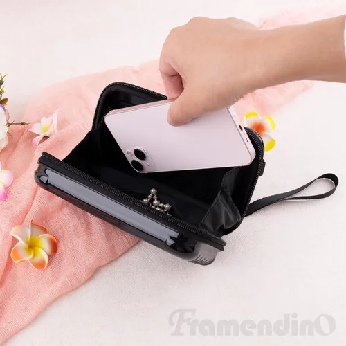 Miniatura 5 de Framendino, Estuche rígido negro para cosméticos, bolsa de transporte para artículos de tocador, mini maleta cruzada con cuerda de agarre