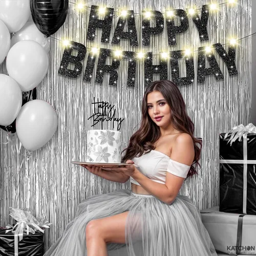 Miniatura 4 de KatchOn, Juego de decoraciones de cumpleaños negras y plateadas, paquete de 5, pancarta de feliz cumpleaños con purpurina, fondo plateado, luz LED