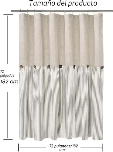 Miniatura 7 de DOSLY IDÉES Cortina de ducha de casa de campo, rayas beige y gris, cortina con botones, tela tejida de lino y algodón, estilo rústico con encanto