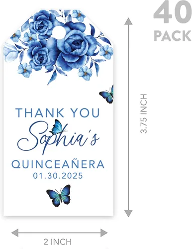 Miniatura 5 de Andaz Press Paquete de 40 etiquetas personalizadas para quinceañera con cuerda, mariposas azules etiquetas de agradecimiento personalizadas